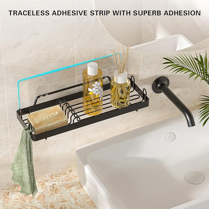 TOMIR Double Soap Dish with Hooks - Adhesive Shower Wall Mount Stainless Steel Soap Holder for Bathroom & Kitchen - Black