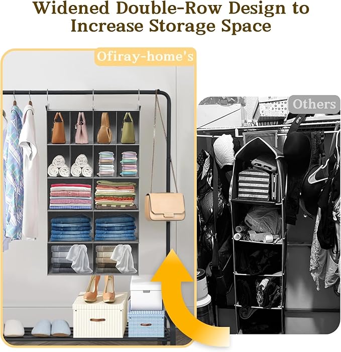 Ofiray-home 5 Tier Hanging Closet Organizer, 14 Compartments Sweater Organizer for Closet with 3 Sturdy Hooks, Closet Organizers and Storage, Wardrobe, Rv, Garment Rack, Grey