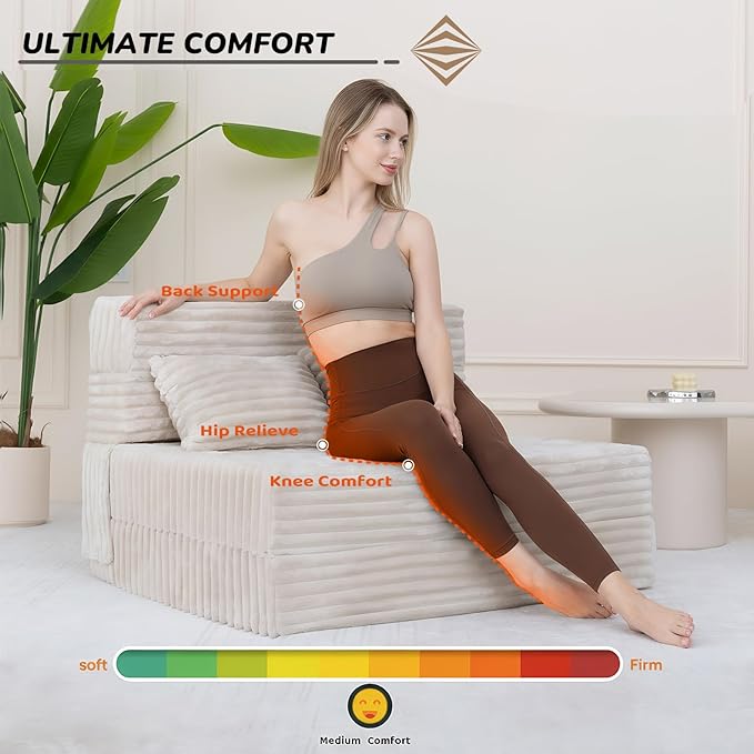 Folding Sofa Bed Twin, Convertible Sleeper Chair with Pillow, Fold Out Couch, High-Density Futon Chair Bed, Foldable Sofa Sleeper Floor Couch for Bedroom Living Room Dorm Guest Room, Beige
