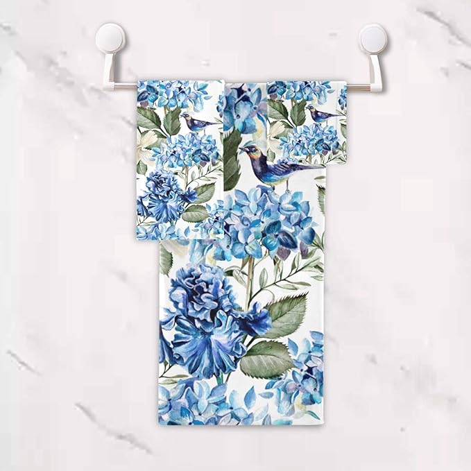 Blue White Floral Bath Towels Set,Absorbent Soft 3 Piece Spring Birds Hydrangea Hibiscus Flower Towels for Bathroom,1 Bath Towel 1 Hand Towel 1 Washcloth,Quick Dry Decoractive Bathroom Towels
