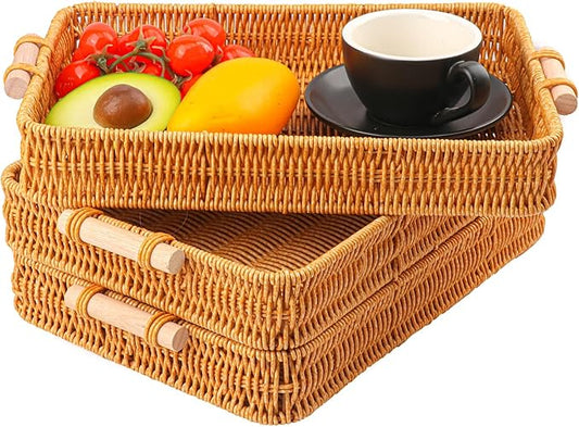 3 Pack 13.8 x 9.8 inch Rectangle Rattan Tray, Rectangle Woven Serving Basket with Handles, Storage Rattan Serving Trays for Home, Restaurant & Hotel Use, Durable & Easy-Cleaning