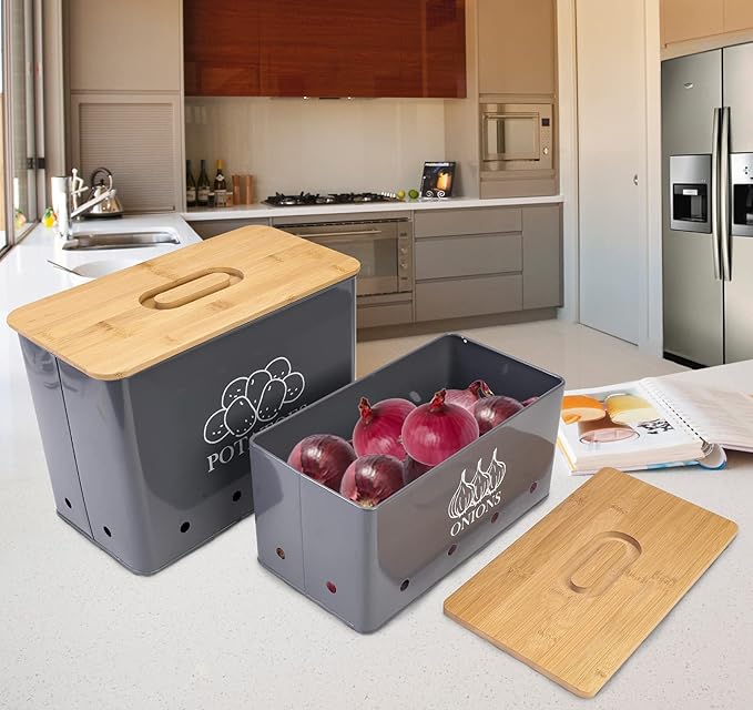 Potato Onion Kitchen Storage Canisters,Storage Bin For Kitchen 2 Pack Set,potatoe, Potato Storage Box，storage And Long Shelf Life With Aerating Tin Storage Holes-gray