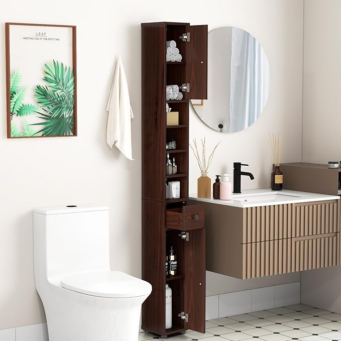 Tangkula Tall Slim Bathroom Storage Cabinet, 71" Freestanding Bathroom Cabinet w/ 2 Doors, 1 Drawer & 5 Adjustable Shelves, Floor Narrow Tower Cabinet for Small Spaces, 8" x 8" x 71" (Brown)