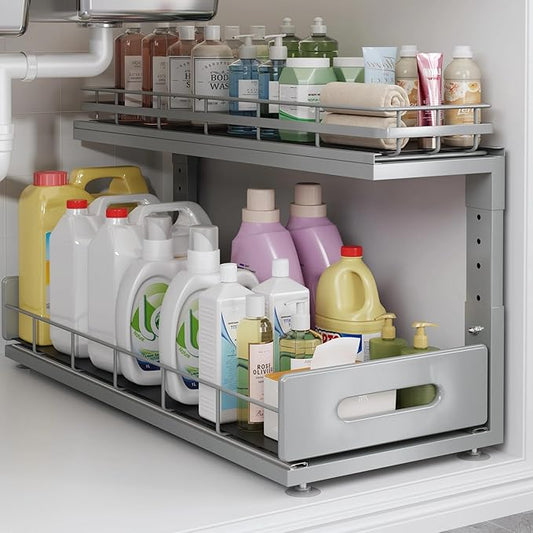 Under Sink Organizer Upgrade To Professional Rails,2-Tier Dual Pull Out Cabinet Storage,Height Adjustable Slide Out Drawers For Bathroom Kitchen,1 Pack-21"Dx12.8"-16.9"H,Gun Gray