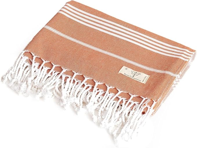 SMYRNA TURKISH COTTON Beach Blanket – Sand-Free Oversized Beach Throw 50x60 – Quick-Dry Lightweight Turkish Towel for Beach, Pool, Picnic & Outdoor Travel – Eco-Friendly Recycled Cotton, Orange