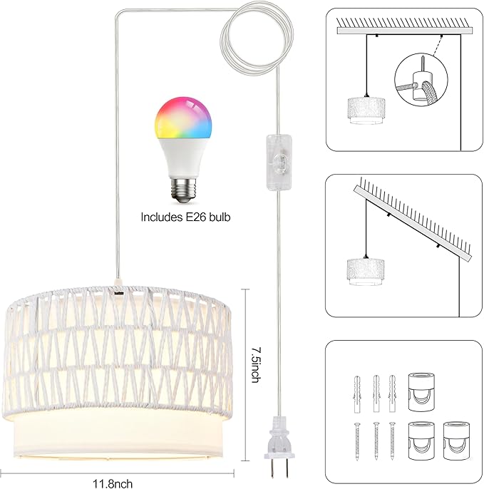 Plug in Hanging Lamp with RGB Smart Bulb Plug-in Cord Pendant Light with 15ft Cord Fixture Pendant Lights for Bedroom Kitchen Living Room Dining Room