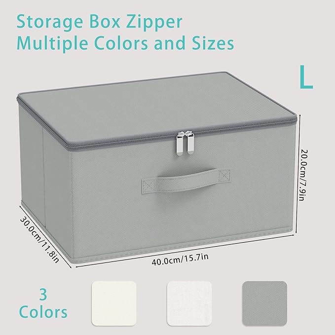Storage Bins with Zipper, Cube Organizer Basket with Lid, Collapsible Stackable Closet Boxes, for Home and Bedroom, 1 Pack, Grey, 15.7 x 11.8 x 7.9 In, XSNY16GL-1