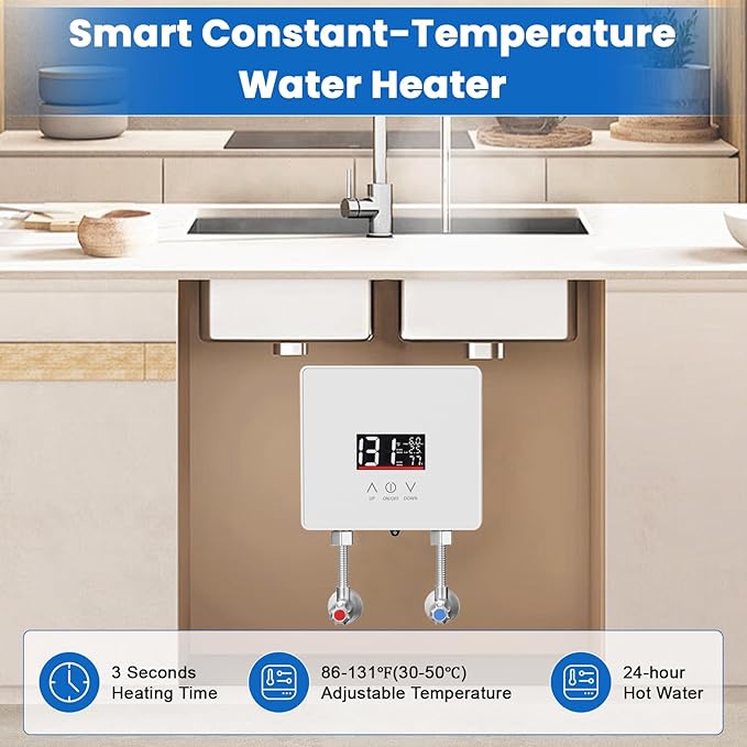 Tankless Water Heater Electric, 240V 6000W Under Sink Instant Water Heater with Digital Display Touch Screen On-Demand Water Heater Point Of Use for Kitchen, Bathroom, Laundry, RVs