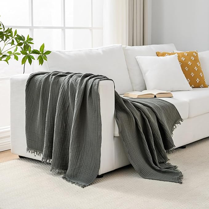 100% Cotton Muslin Throw Blanket 50'x65', Lightweight Breathable Summer Blanket Throw. Supersoft 4-Layer Gauze Throw Blanket for Sofa, Couch, Bed, All-Season Use, Dusty Olive