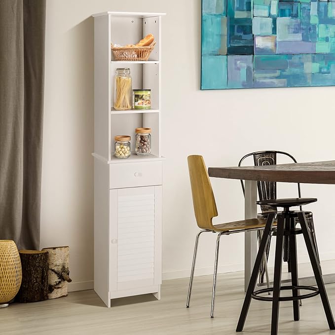 LOKO Bathroom Tall Cabinet, Modern Storage Cabinet with 2 Adjustable Shelves, Bathroom Linen Tower with 3 Open Shelves and 1 Drawer, 13.5 x 12 x 64.5, White