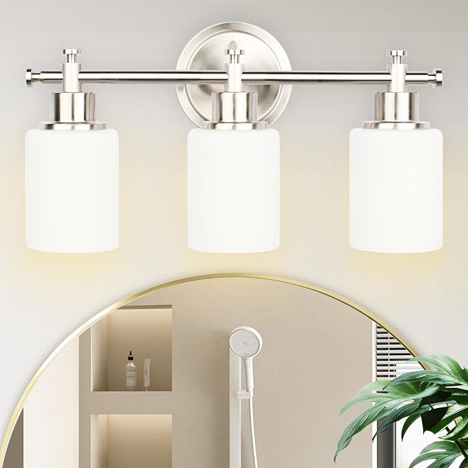 3-Light Bathroom Vanity Light Fixtures, Brushed Nickel Compact Wall Sconce with White Glass Shade for Mirror, Bathroom, Living Room, Modern Style, E26 Base, 15.75 Inch