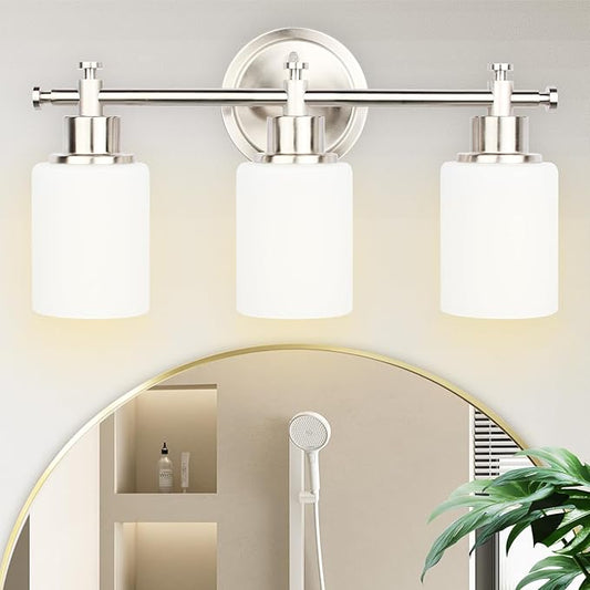 3-Light Bathroom Vanity Light Fixtures, Brushed Nickel Compact Wall Sconce with White Glass Shade for Mirror, Bathroom, Living Room, Modern Style, E26 Base, 15.75 Inch