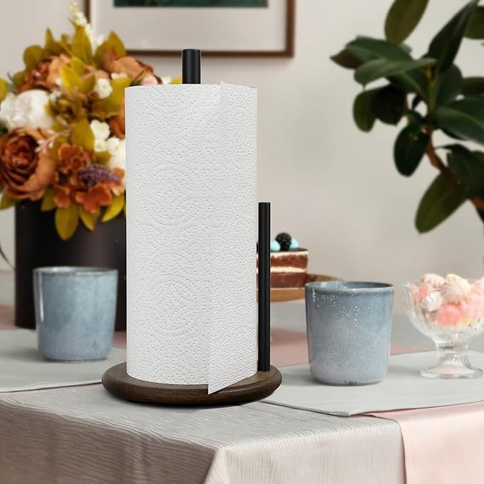 Paper Towel Holder Countertop with Real Wood Round Base, Farmhouse Paper Towel Holder Stand for Kitchen Dining Table Home Decor