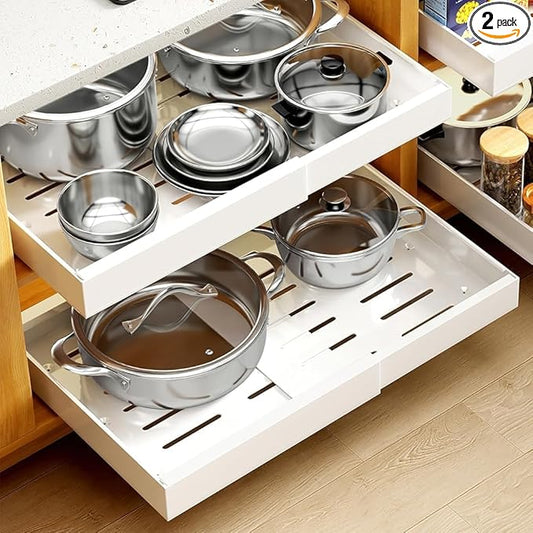 2Pack Expandable Pull Out Cabinet Organizer 21" Deep with Raising Pad for Framed Cabinets, Roll Out Shelves Adhesive, Adjustable Width 12.24"-20.5" W