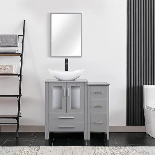 eclife 36" Modern Bathroom Vanity Sink Combo Freestanding Cabinet with Small Side Cabinet, White Boat Ceramic Vessel Sink, Water Save Faucet, Drain (Gray+T44)