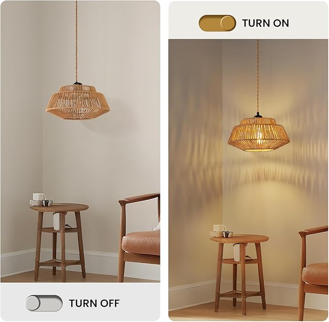 Hanging Lamp Plug in Pendant Light - Boho Hanging Light 11.8 inch Rattan Pendant Lights for Ceiling Dimmable Hanging Lamps for Living Room Bedroom Kitchen Farmhouse with 23ft Cord