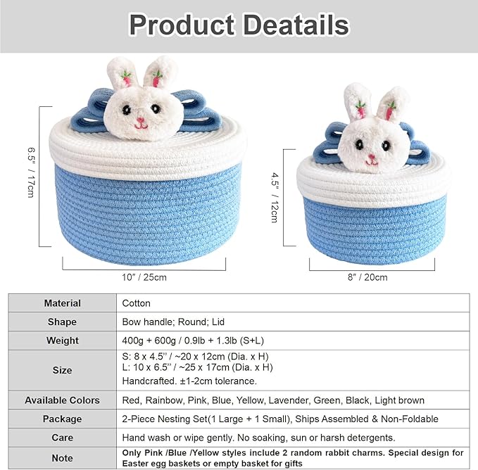 Cute Storage Baskets with Lids, Small Round Woven Rope Basket with Lid, Small Toy Box for Kids, Cat or Dog, Cute Basket for Gift, Toy or Home Decor, Chic Bow Handle (blue)