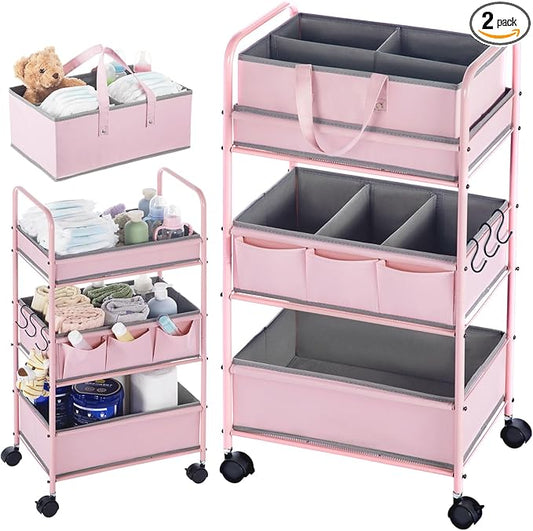 Honeydak 2in1 Baby Diaper Caddy Organizer Cart 3 Tier Large Capacity Metal Utility Bedside Rolling Cart with Divider Newborn Registry Nursery Essential Must Have Crib Bedroom Baby Shower(Pink)