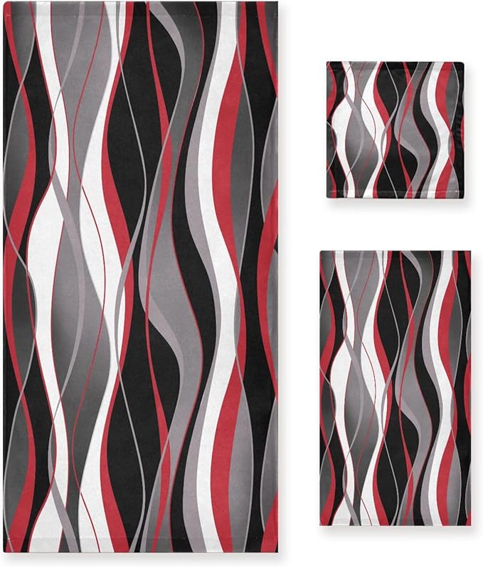 3 Piece Red Black Striped Bath Towels Set,Microfiber Absorbent White Grey Abstract Modern Minimalist Towels for Bathroom,1 Bath Towel,1 Hand Towel,1 Washcloth,Decorative Bathroom Towels