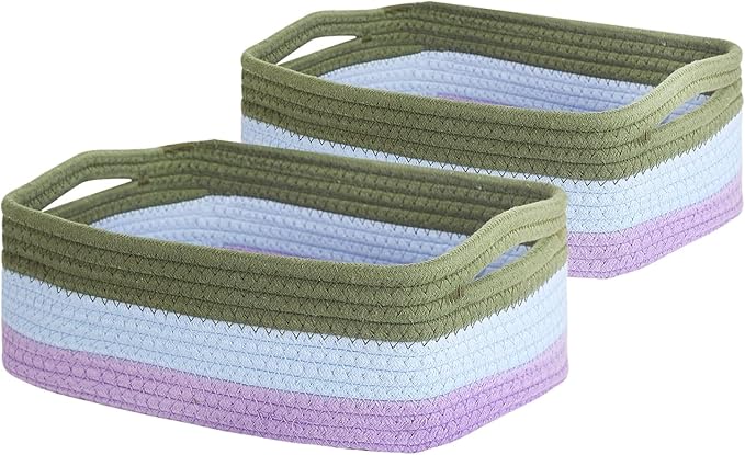2 Pack Storage Baskets for Organizing, Small Storage Bins for Shelves, Woven Cotton Rope Baskets with Handles, Organizer Baskets for Gifts Empty, 12''Lx8''Wx4.5''H (Rainbow)