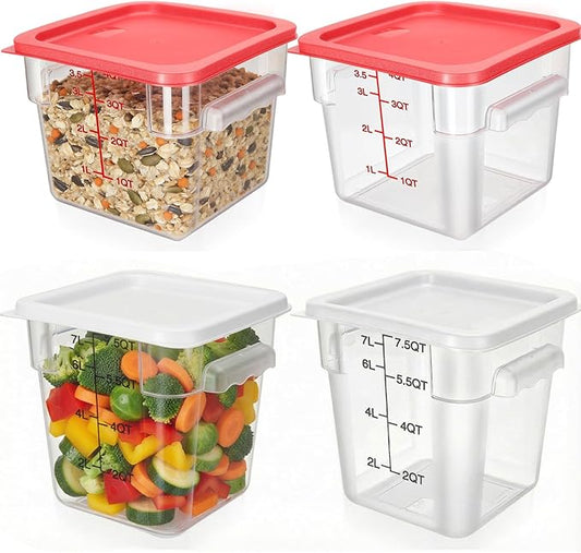 Lallisa 4 Pcs 8qt & 4qt Clear Food Storage Containers with Lids Handles and Scales, Stackable Plastic Square Food Storage Containers for Dough Proofing Baking Kitchen Restaurant(White, Red)