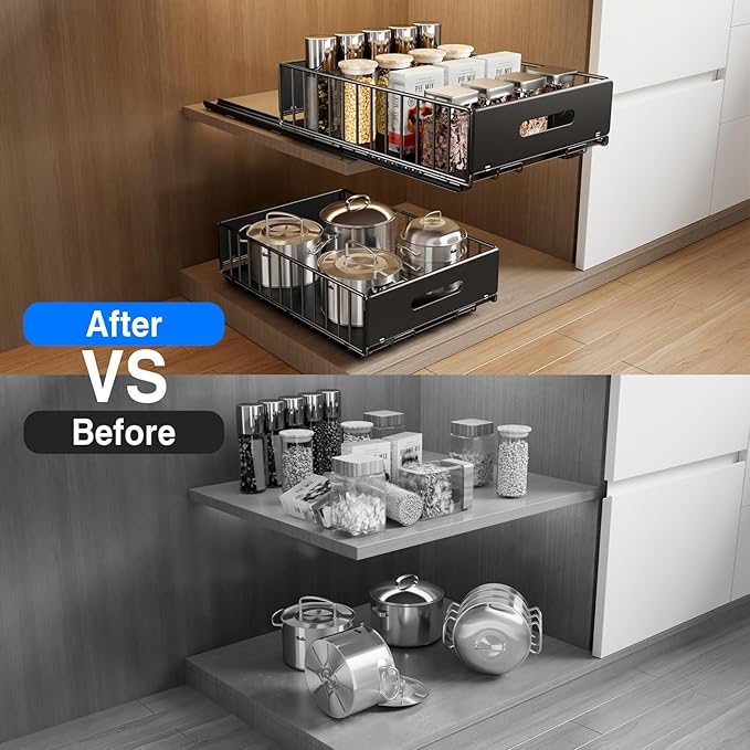 2 Pack Pull Out Cabinet Organizer, Slide Out Drawers for Cabinets, Peel and Stick, Heavy Duty Shelves for Kitchen, Cupboard, Pantry, Bathroom (16.5" D*11.8" W*3.94" H-Black)