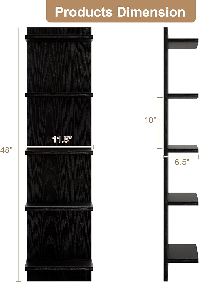 Fun Memories 5-Tier Wall Shelf Unit, 48" Tall Floating Storage Organizer for Bedroom, Living Room, and Home Decor, Black Vertical Shelving Unit