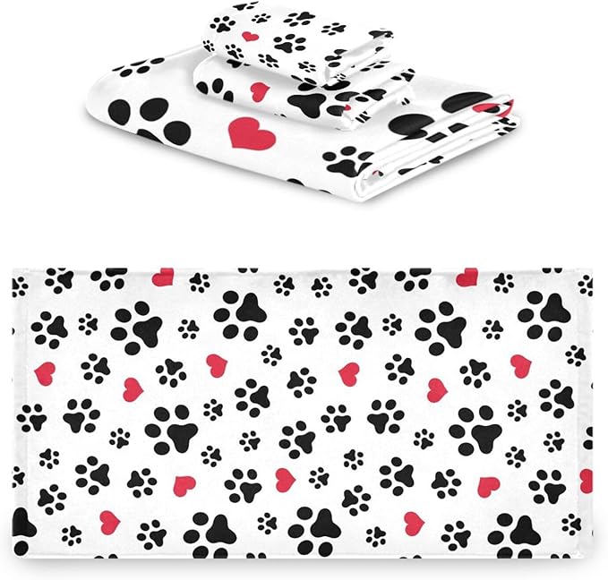 3 Piece Black White Dog Paw Print Bath Towel Set,Microfiber Decorative Puppy Pet Footprint Red Love Hearts Bathroom Towels,1 Bath Towel 1 Hand Towel for Bathroom Kitchen,1 Washcloth for Face