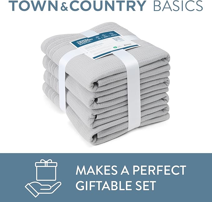 Town & Country Basics 6-Piece Assorted Waffle Woven Terry Stripe Set, 2 Bath Towel, 2 Hand Towel, 2 Washcloth, 100% Cotton, Quick Dry, Gray