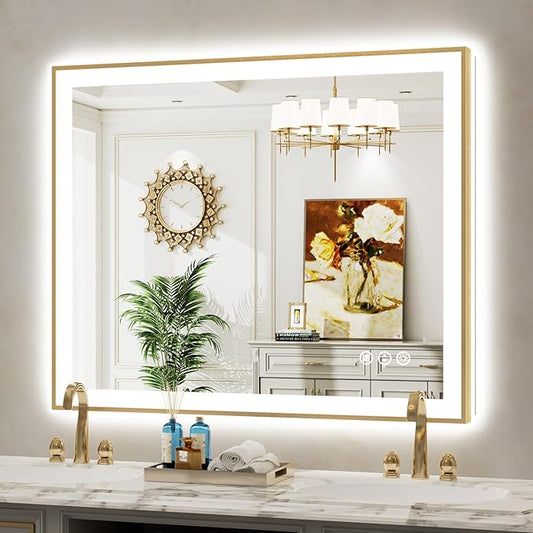 44x36 Inch LED Bathroom Mirror with Lights (Front Lit and Backlit) Gold Framed Lighted Vanity Mirror for Bathroom Wall Dimmable Anti-Fog Memory Tempered Glass Horizontal/Vertical