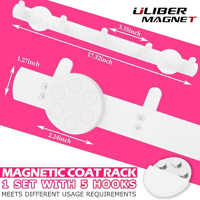 ULIBERMAGNET White Magnetic Coat Rack,Heavy Duty Coat Magnetic Holder with 5 Hooks,Anti-Slip Strong Magnetic Hanger for Refrigerator,Metal Cabinet,Entryway,Hanging Coat, Jackets, Umbrella,Scarf,Bag