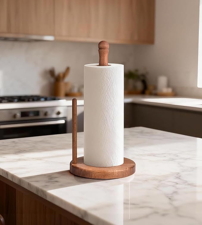 Acacia Wood Paper Towel Holder Countertop, Weighted Base Paper Towel Roll Holder for Kitchen Bathroom, One-Handed Operation, Standing Towel Roll Organizer for Standard and Large Rolls