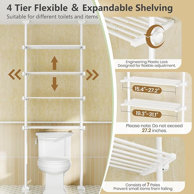 No-Drill Over Toilet Storage Shelf - 4-Tier White Bathroom Organizer
