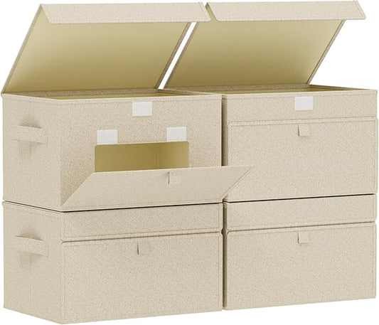 Fabric Storage Boxes, Closet Organizer with Handles, Basket Bins with Flip Cover, Cube Organization for Clothes, Shoes, Blankets, 13x9.1x7.9in, Grey and Beige, 4 Pack