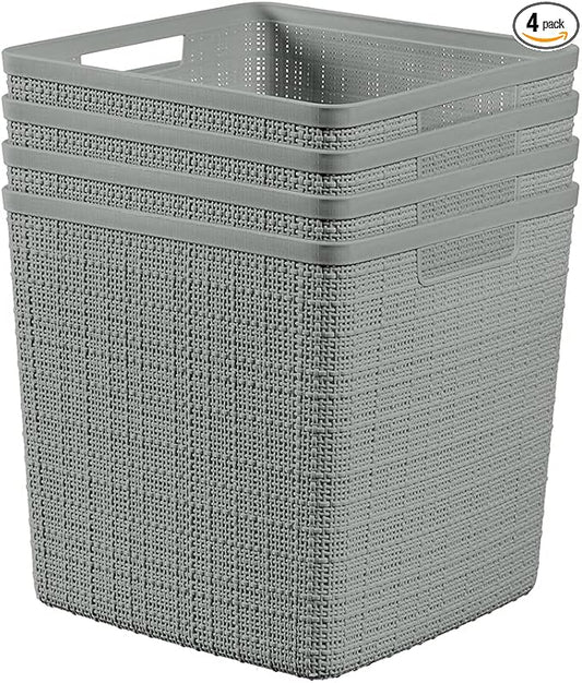 Curver Set of 4 Large Cube 17L Jute Decorative Plastic Organization and Storage Baskets - Perfect Bins for Home Office, Closet Shelves, Kitchen Pantry and All Bedroom Essentials, Grey