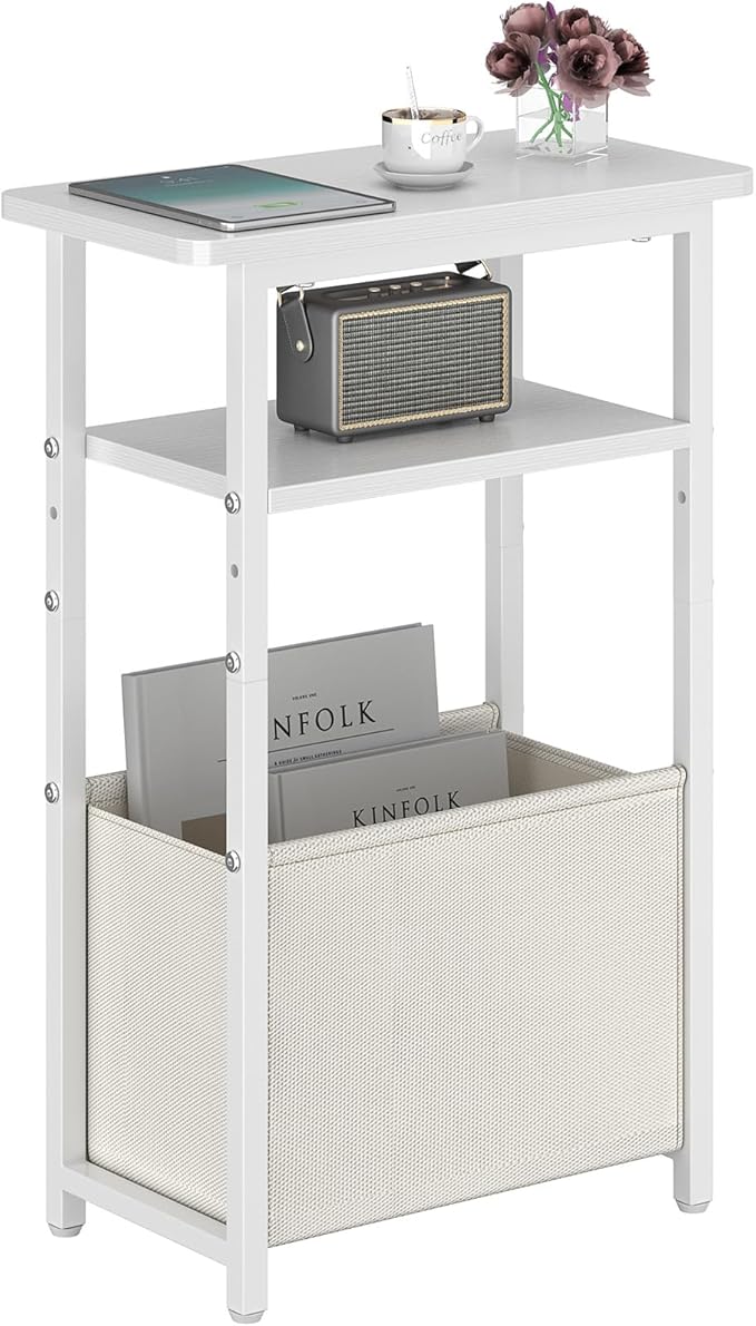 Narrow Side Table, Skinny End Tables with Fabric Basket, Small Side Tables for Small Space, 2-Tier Open Shelves with Basket, Slim Nightstands for Bedroom,Living Room,Office, White