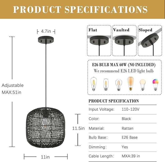 Black Rattan Pendant Light, 11in Rattan Chandelier Hand-Woven Wicker Hanging Lighting Fixtures Boho Pendants Lights for Kitchen Island Dining Room Bedroom Foyer Entrance
