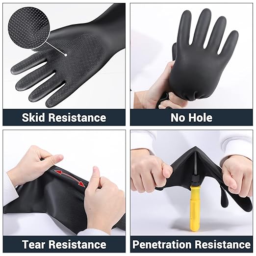 Chemical Resistant Latex Gloves, Black 1 Pair 14" Large Heavy Duty Industrial Rubber Gloves for Dishwashing, Waterproof Cleaning Protective Safety Work, Oil/Acid/Alkali Resistant