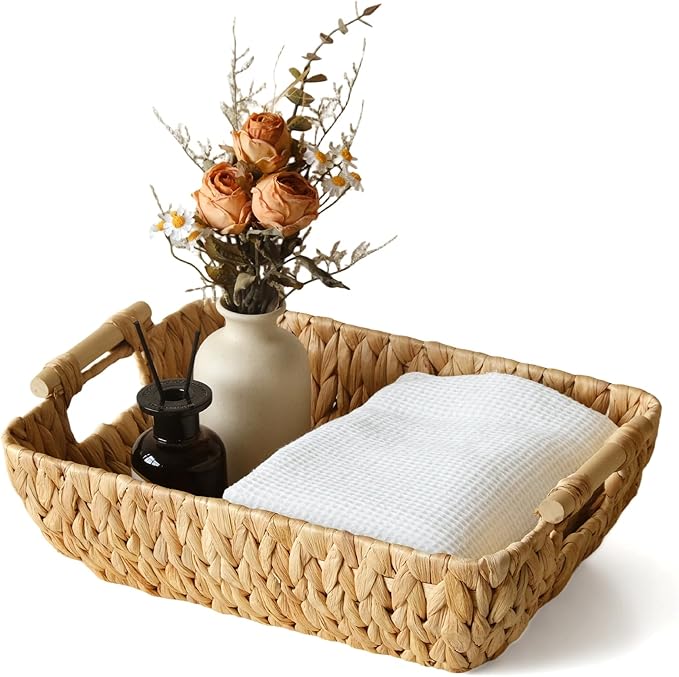 Wicker Storage Basket with Wooden Handles, Large Water Hyacinth Basket for Organizing Shelves, Natural Woven Storage Baskets for Snack, Gift, 1 Pack