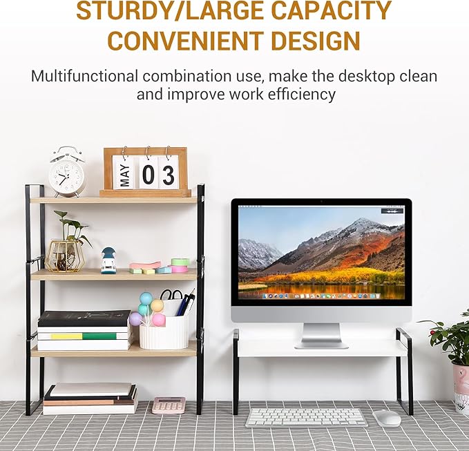 YGYQZ Desk Organizer Shelf，2 Tier Detachable Table Top Bookshelf, Freestanding Display Shelf for Office, Dormitory, Home,White+Black