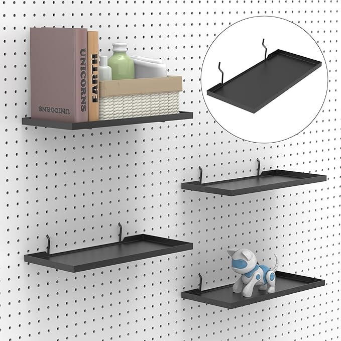 13X6 Inch Pegboard Shelves Set of 4, Metal Peg Board Shelves Accessories, Flat Display Shelves for Pegboard, Metal Retail Display for Storage and Organization, Black