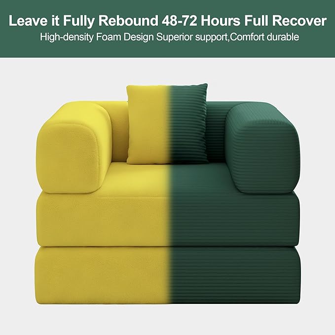 Folding Sofa Bed, 2 in 1 Convertible Sofas to Lounger Comfy Single Bean Bag Chair Floor Portable Foldable Sleeper Lazy Futon Couch Chair for Bedroom, Living Room (Green, 35.43" Single Sofa)