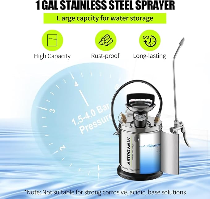 Pump Sprayer 1 Gallon, Stainless Steel Chemical Sprayer with 20" Wand & 4FT Reinforced Hose for Weed Killer, Lawn, Disinfection & Concrete, Includes Viton Seals and Gloves