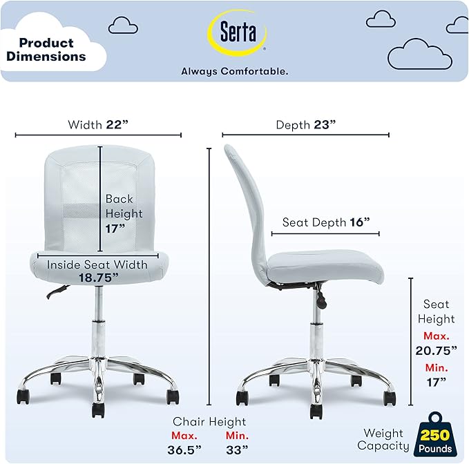 Serta Essential Armless Task Chair, Small Desk Chairs with Wheels, Breathable Mesh Back and Faux Leather, Quality Foam Cushion Seat for Comfort, Minimal Design for Vanity Table, Blue