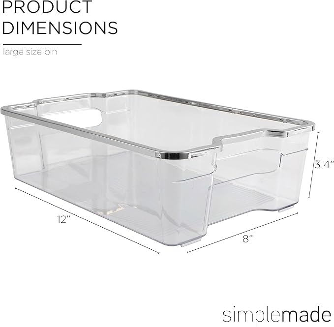SIMPLEMADE Clear Refrigerator Organizer Bins - Clear Bins for Fridge, Containers for Fridge and Freezer, Multipurpose Storage for Kitchen, Office, Bathroom, Silver Rim (8" x 12")