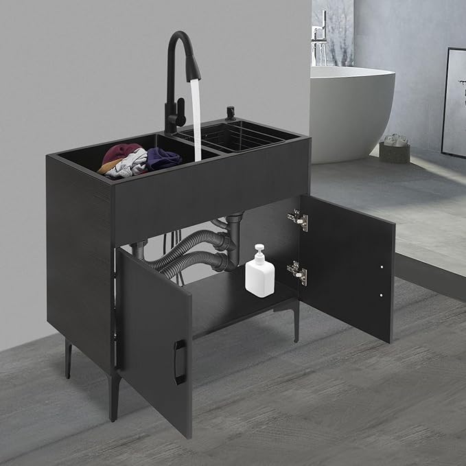 32-Inch Utility Sink Cabinet with Pull-Out Sprayer Faucet, Laundry Sink with Cabinets and Stainless Steel Double Sinks, Freestanding Cabinet with Sink for Laundry&Utility Room, Kitchen, Bathroom