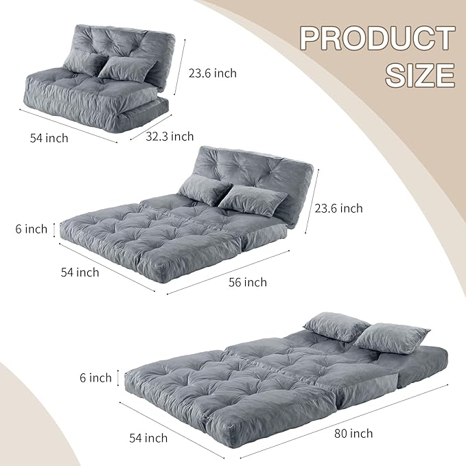 Folding Sofa Bed, Convertible Sleeper Chair with Pillow Foldable Mattress with Back Support, Portable Fold Out Chair Bed Comfy Floor Sofa Lounge for Living Room Bedroom, Dark Gray Full 80x54 Inch