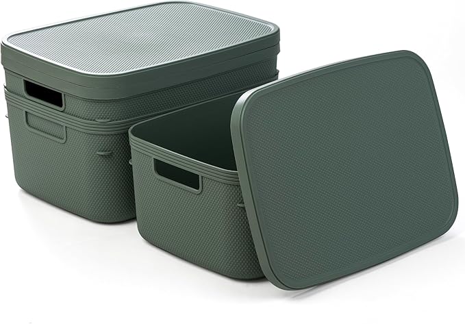BINO | Plastic Storage Bins with Lids, 13 Liter - 3 Pack, Desert Green | THE TWILL COLLECTION | Plastic Bins for Organization | Woven Storage Baskets for Organizing | Pantry Shelf Organizer Basket Bin