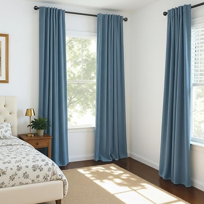 INOVADAY 100% Blackout Curtains for Bedroom, Black Out Curtains 102 Inch Long, Clip Rings Linen Blackout Drapes, Thermal Insulated Room Darkening for Living Room, 2 Panels - Stone Blue,W50xL102