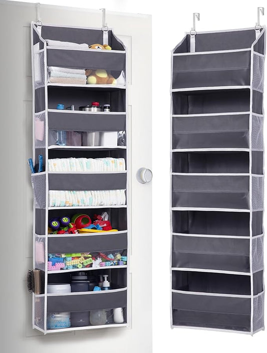 1 Pack Over Door Organizer with 5 Large and 10 Mesh Side Pockets, 44 lbs Weight Capacity Hanging Storage with Clear Window Kids Toys, Shoes, Diapers, Dark Grey, 5 Layers